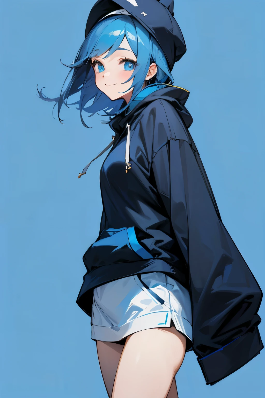 girl、front、smile、Black and blue hoodie、hat、Blue background、Clothes are blue、