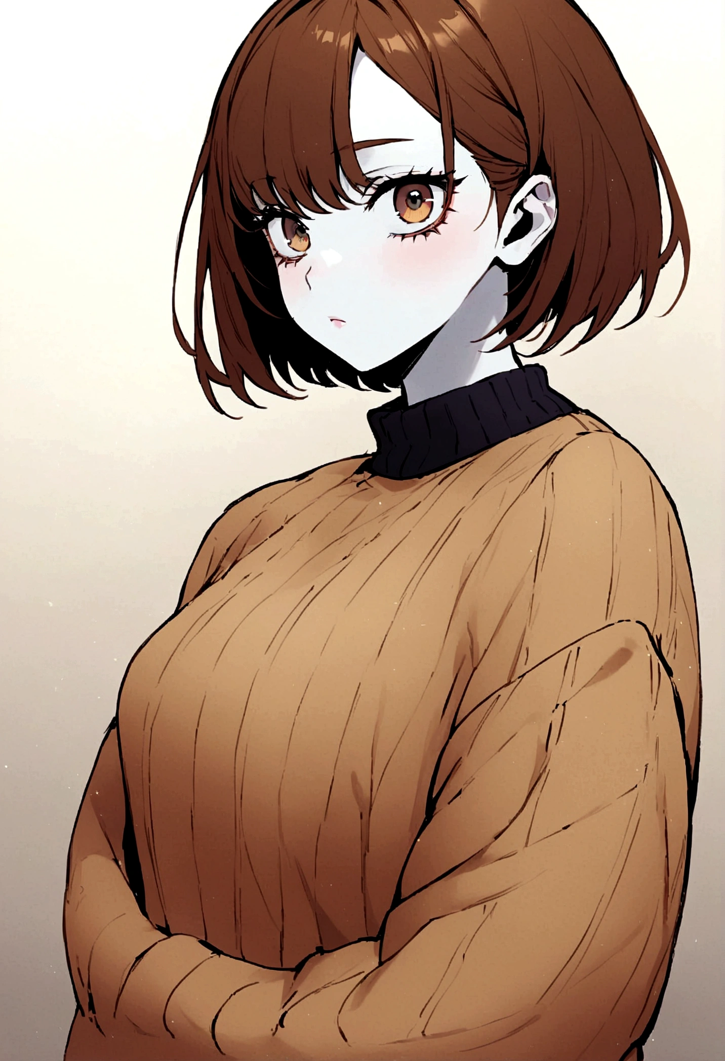 A girl who measures 1.55,shoulder length brown hair,Hazel eyes,slim,beautiful,White skin,with eyeliner under the eyes,con beautifuls curvas,thin face, with the jujutsu kaisen wizardry  and a cute sweater,the girl with the jujutsu kaisen anime style