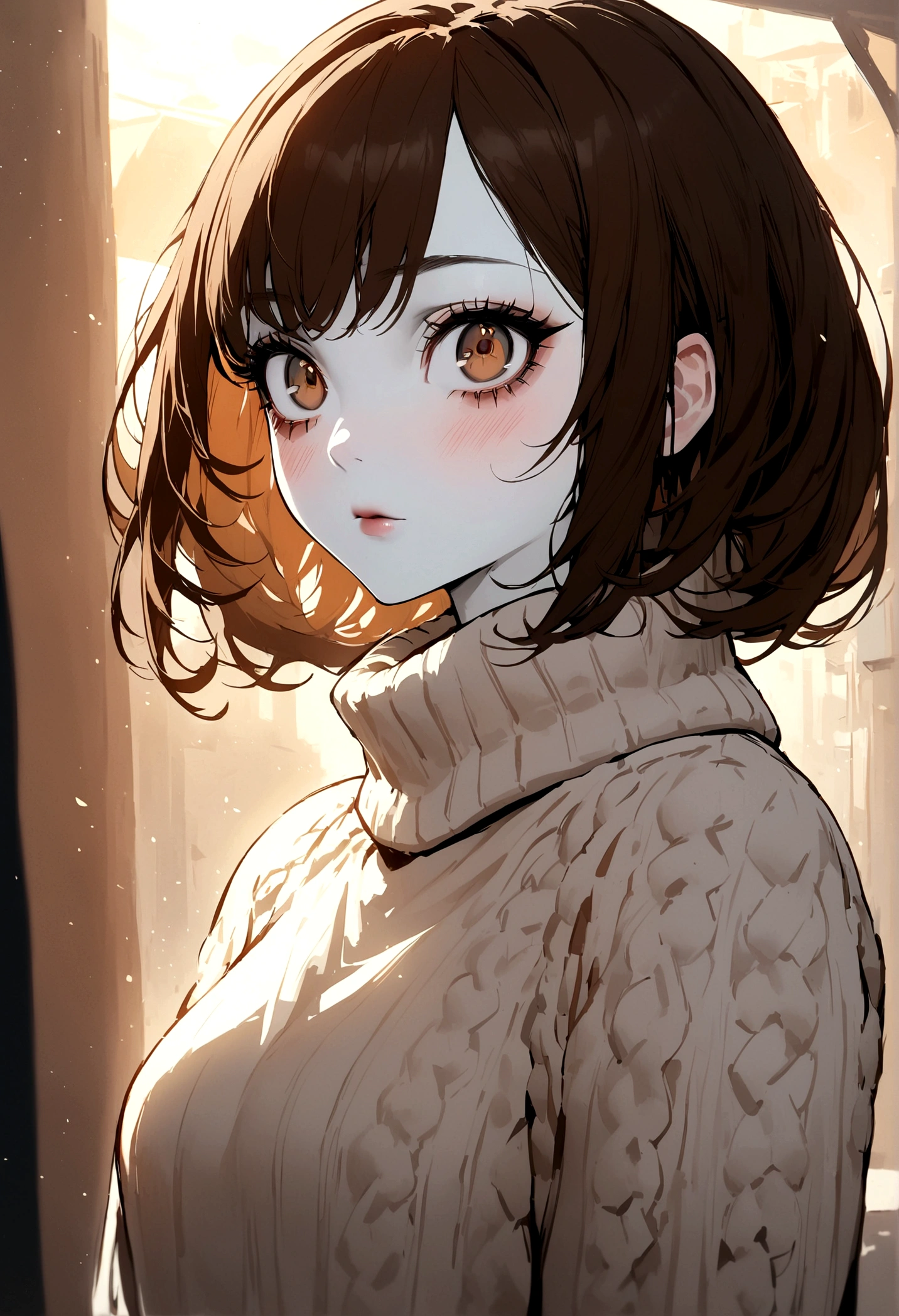 A girl who measures 1.55,shoulder length brown hair,Hazel eyes,slim,beautiful,White skin,with eyeliner under the eyes,con beautifuls curvas,thin face, with the jujutsu kaisen wizardry  and a cute sweater,the girl with the jujutsu kaisen anime style