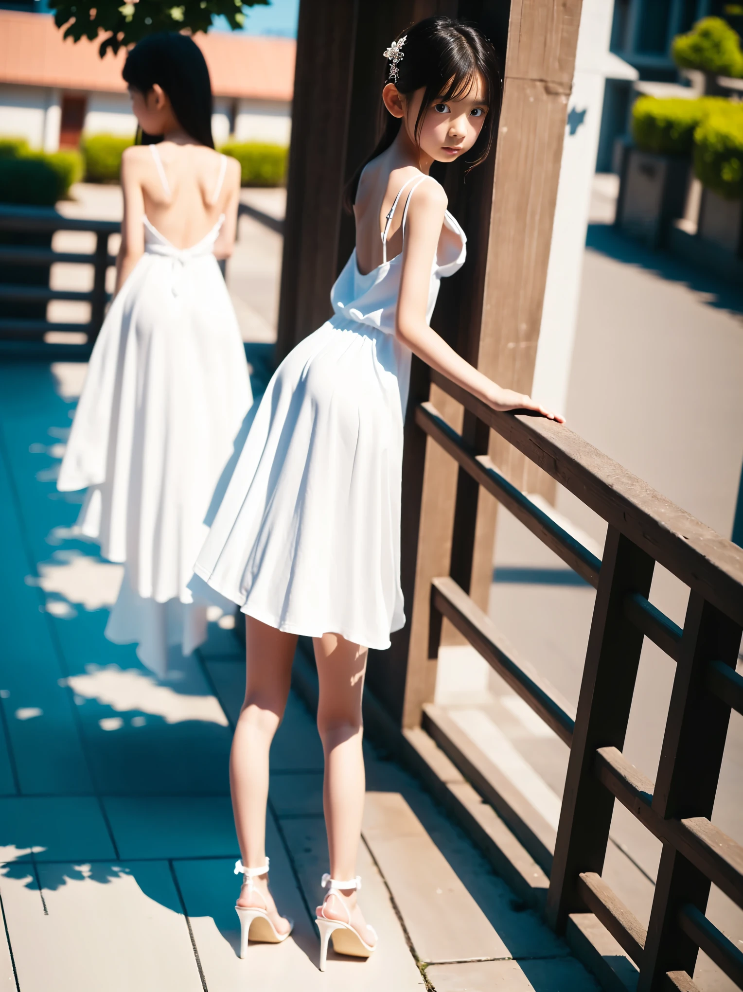 ((Full body:1.2,Voyeur from the side:1.2,from a distance:1.2)),1 Japanese girl,(Very beautiful  girl:1.4),(arms behind back:1.9),A princess in a See-through pure white dress:1.2,slim body shape,Large Breasts,Pure white high heels,Anguished expression,from below,realistic,best quality,ultra-detailed,high resolution