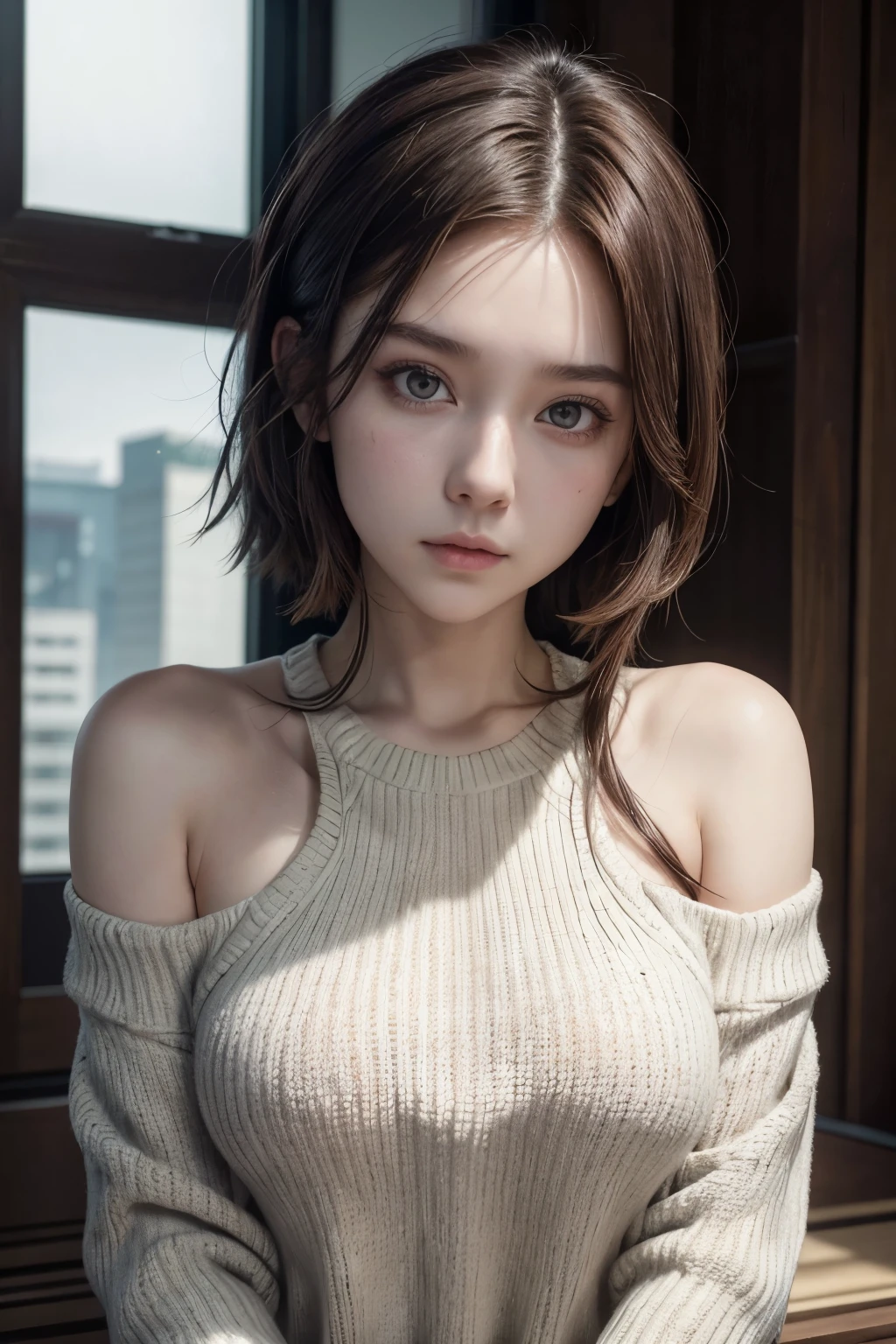 A girl who measures 1.55,shoulder length brown hair,Hazel eyes,slim,beautiful,White skin,with eyeliner under the eyes,con beautifuls curvas,thin face, with the jujutsu kaisen wizardry and a cute sweater,the girl with the jujutsu kaisen anime style