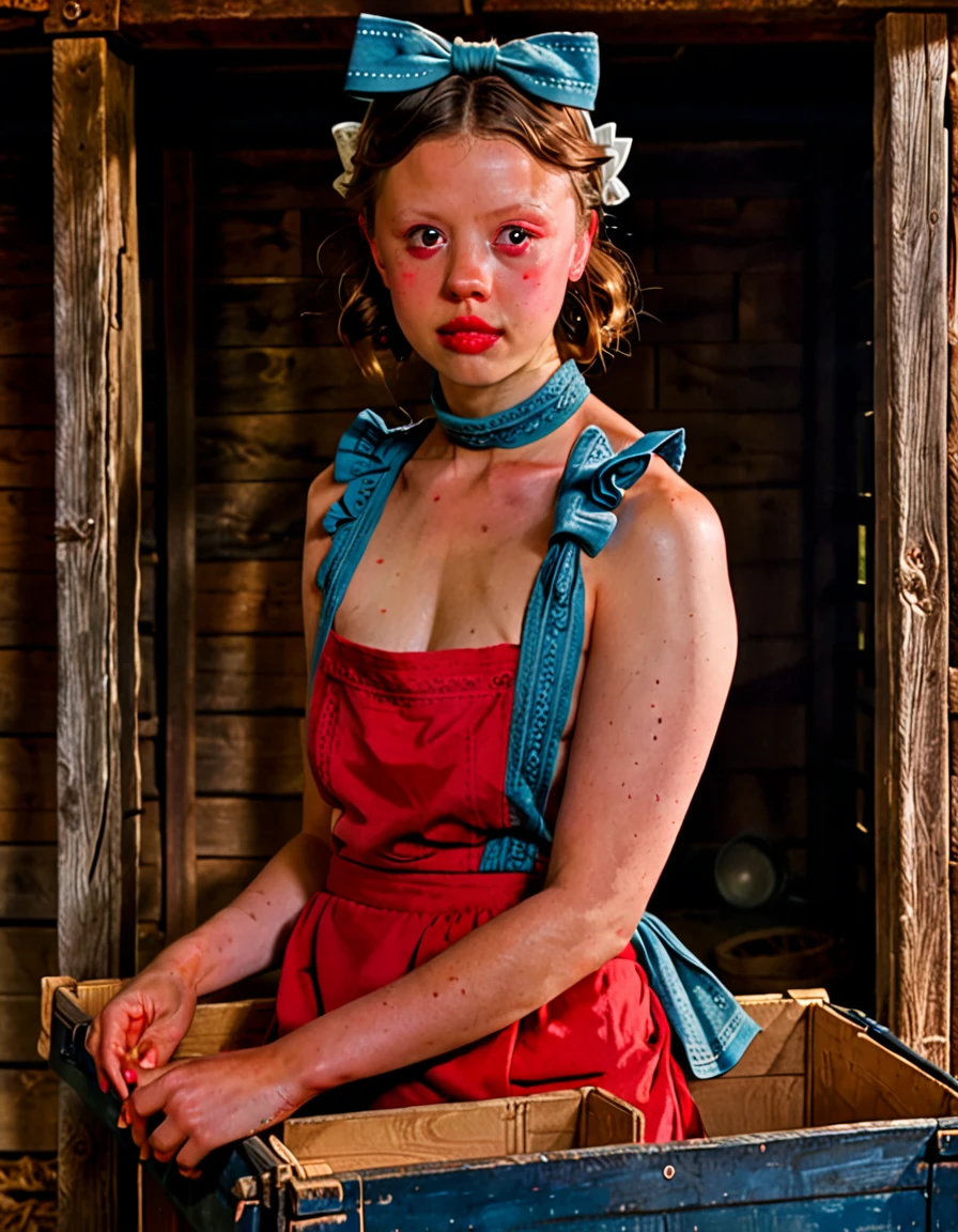 hair bun tied with a bow, wearing a red dress with ruffled collar, m1ag0th woman, mia goth, black eyes, pearl movie, wearing bandana, farmer blue uniform, short hair wrapped in bandana, in a barn , bending over in a box, showing her ass and pussy, looking back at me, naked, full naked