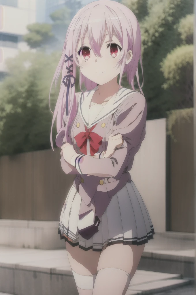 Kisara, looking at the viewer, with hands on hips, leaning forward, bare legs. Walking through the streets of Tokyo.