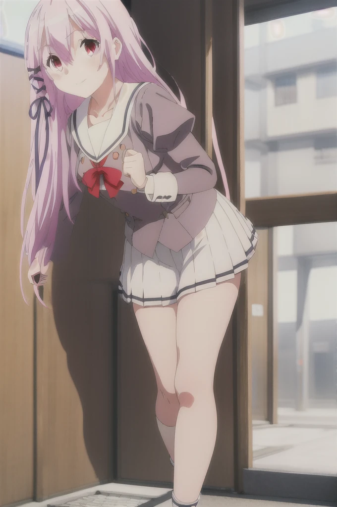 (8K、Highest image quality、highest quality、masterpiece)、detailed face、((one ))、silver hair、short twintails、gray eyes、evil smile、((grin))、small breasts、((serafuku))、short sleeve、((black miniskirt))、((pink panties pull))、((bent over:1.5))、((pose panty pull))、cowboy shot、back alley background