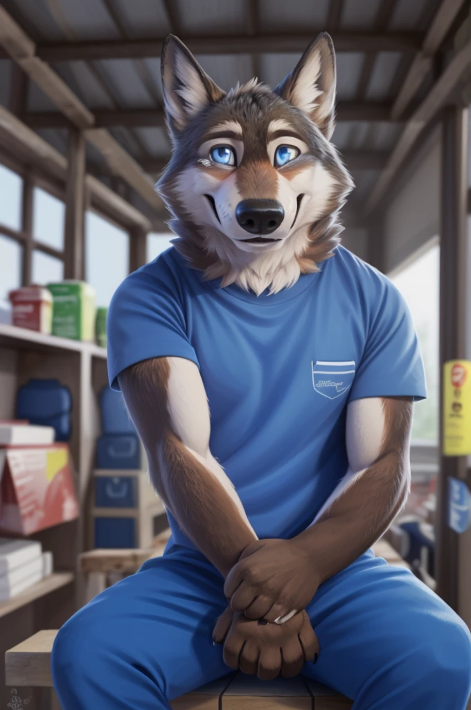 Larry (Zveropolis), wolf, Gray Fur, (brown body:1.3), beautiful blue eyes, Zveropolis, dressed, t-shirt,trousers,apron, canine,wolf, detailed fur, male, second, paw pads, finger claws, viewer, 5 fingers, paws, 4 toes,holds, times, 
BREAK from nextel, for dating, by xenoforge, (difficult, high detail,digital photography, soft focus, RAW, close to the camera, smile, positive, Good, mood, Houses, смотрит на viewer, очень close to the camera, in the shop,is sitting, 
Photorealism, realistic, photorealistic,digital style, Subsurface scattering,очень close to the camera кольцо на пальце руки, tears in my eyes masterpiece, Best quality, ultra realistic, 8 thousand.)