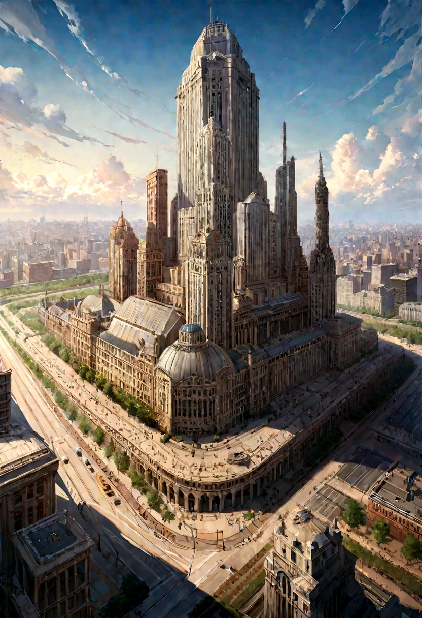 (the city of chicago, as designed by Doug Chiang). front view of the grouped buildings and their avenue, impressive and majestic building, The buildings are made of bricks, aluminum and stainless steel plates interlocked perfectly with each other., The buildings form endless avenues until you reach the senate, the atmosphere is light, slightly orange, with some vehicles designed by Doug Chiang, flying into the distance,all full of imagination,science fiction and (intricate details of the machine).photorealistic image,maximum sharpness, 8k quality.(top quality masterpiece).