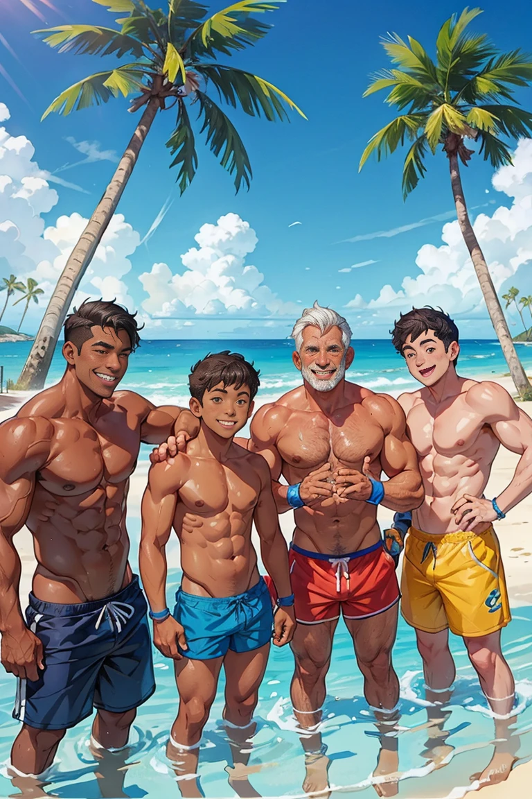 Five characters in a scene (boys having fun). five boys, sweaty, smiling, oily skin, delicate body, wearing swim trunks, having fun on a beach (blue sky, palm trees), older men admiring the boys.