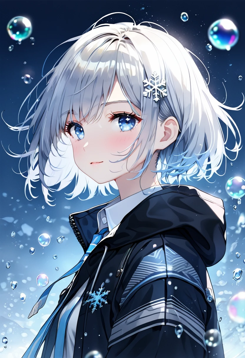 ((Highest quality)), ((masterpiece)), ((Ultra-detailed)), (Very delicate and beautiful), With a girl, solo, Cold attitude,((Black jacket)),She is very(relax)with(Calm)Appearance,Black-haired, Depth of written boundary,Wicked Smile,bubble, Underwater, Air bubbles,bright light blue eyes,Light grey hair with light blue tips and inner color,,,,,,,,,,,,,,Cold Background,Bob Hair - Line Drawing, Shorts、Knee-high socks、Like a white uniform 、Light blue ribbon tie、The clothes are transparent、Put your hands in your pockets、Eyes as bright as sapphires,Frontless Blue, A small blue light was floating、Upward glance、Broken glass、Snowflake hair ornament