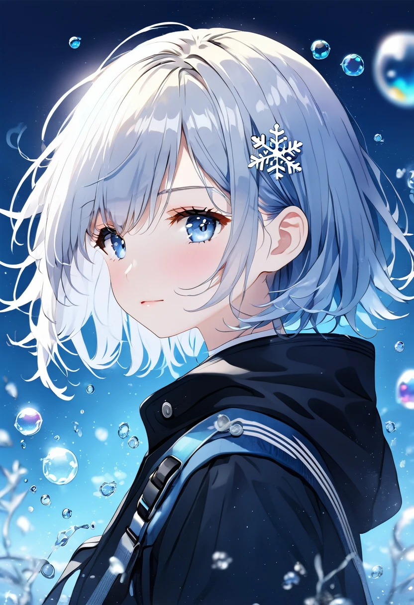 ((Highest quality)), ((masterpiece)), ((Ultra-detailed)), (Very delicate and beautiful), With a girl, solo, Cold attitude,((Black jacket)),She is very(relax)with(Calm)Appearance,Black-haired, Depth of written boundary,Wicked Smile,bubble, Underwater, Air bubbles,bright light blue eyes,Light grey hair with light blue tips and inner color,,,,,,,,,,,,,,Cold Background,Bob Hair - Line Drawing, Shorts、Knee-high socks、Like a white uniform 、Light blue ribbon tie、The clothes are transparent、Put your hands in your pockets、Eyes as bright as sapphires,Frontless Blue, A small blue light was floating、Upward glance、Broken glass、Snowflake hair ornament