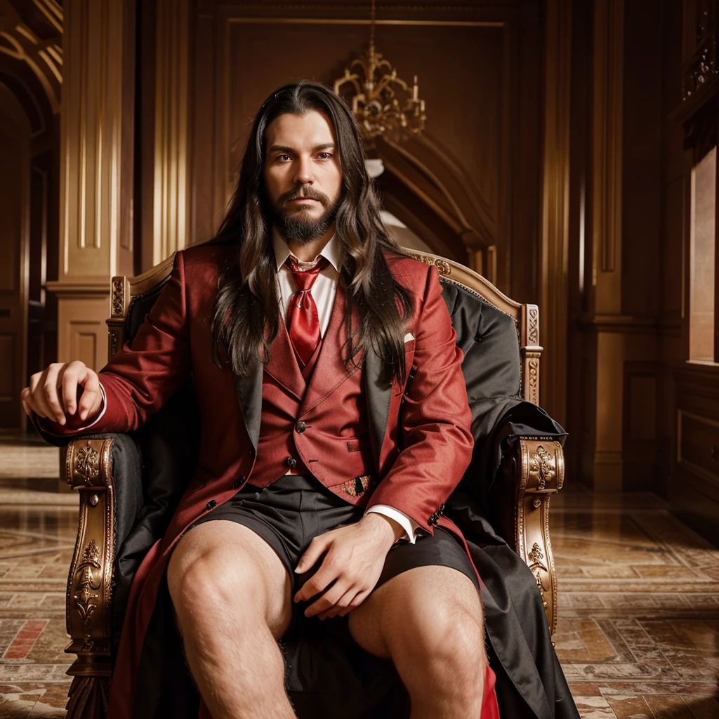 Create an artwork of a Victorian castle and in the middle of the hall there is a red gold throne, Sitting on this red throne is a man with long black hair and a short beard that match his age., he is dressed in black formal clothing and adorned with a red tie