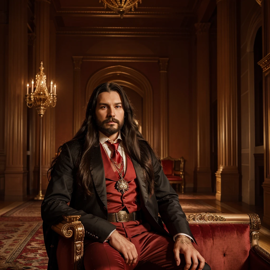 Create an artwork of a Victorian castle and in the middle of the hall there is a red gold throne, Sitting on this red throne is a man with long black hair and a short beard that match his age., he is dressed in black formal clothing and adorned with a red tie