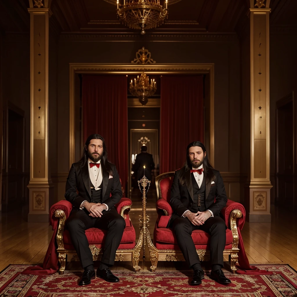 Create an artwork of a Victorian castle and in the middle of the hall there is a red gold throne, Sitting on this red throne is a man with long black hair and a short beard that match his age., he is dressed in black formal clothing and adorned with a red tie