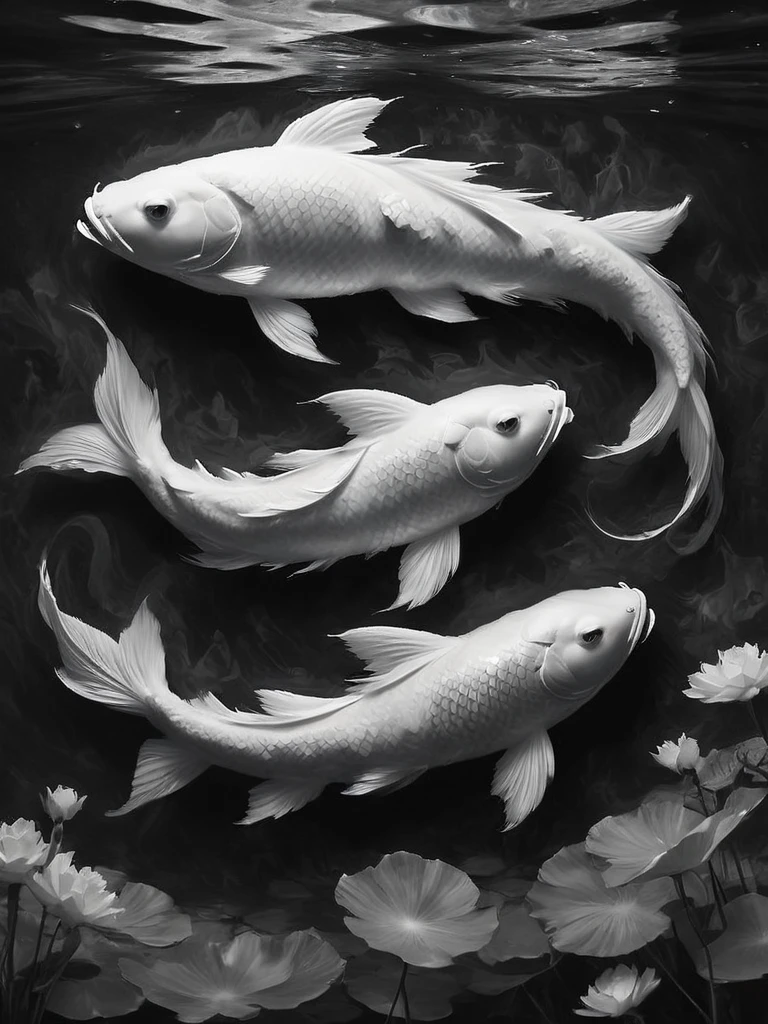 stunning black and white graphite sketch of Koi fish forming the yin/yang symbol in a pond, panoramic shot, from The Lord Of The Rings trilogy, in dynamic pose, by Anna Razumovskay, (by Alyssa Monks:1.1), by Joseph Lorusso, by Lilia Alvarado, beautiful lighting, sharp focus, 8k, high res, (pores:0.1), (sweaty:0.8), Masterpiece, Nikon Z9, Award - winning photograph, --ar 16:9 --style raw --stylize 750 --niji 6, perfect composition, beautiful detailed intricate insanely de
