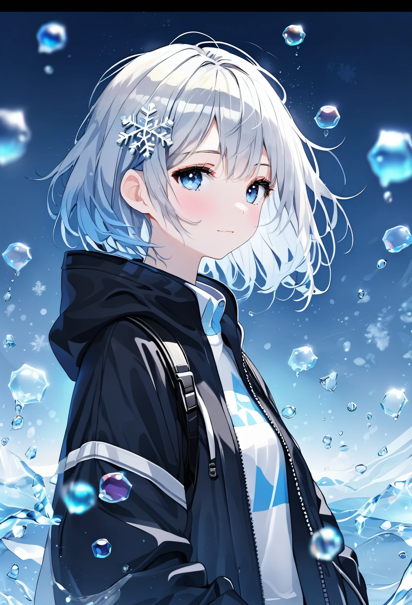 ((Highest quality)), ((masterpiece)), ((Ultra-detailed)), (Very delicate and beautiful), With a girl, solo, Cold attitude,((Black jacket)),She is very(relax)with(Calm)Appearance,Black-haired, Depth of written boundary,Wicked Smile,bubble, Underwater, Air bubbles,bright light blue eyes,Light grey hair with light blue tips and inner color,,,,,,,,,,,,,,Cold Background,Bob Hair - Line Drawing, Shorts、Knee-high socks、Like a white uniform 、Light blue ribbon tie、The clothes are transparent、Put your hands in your pockets、Eyes as bright as sapphires,Frontless Blue, A small blue light was floating、Upward glance、Broken glass、Snowflake hair ornament