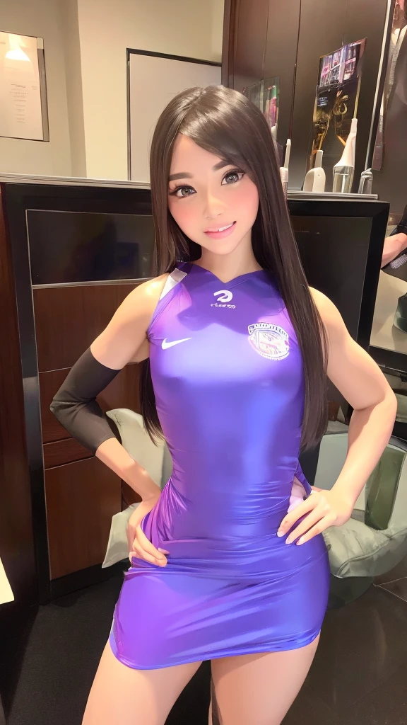 A Female young soccer player gorgeous Latina 19 years old girl called "sophia" as a resin shiny mannequin Long brown straight hair flower decor, short height, prettiest facial features, hand on her hips, expressive artistic and expressive pose, fine looking face features, pretty smile, wearing a purple bodycon dress, standing above a plaque that says "Sophia the soccer violet", in a Stadium Office, at night background, Doll, Sexy, photorealism.