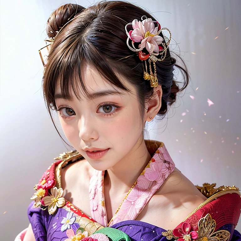 (PUNIPUNI offshoulDer KIMONO offshoulDer KANZASHI flowers Hairpin Twin bun Oiran-Hair)High-level, 8K Masterpiece TopQuality, Ultra-DetaileD CG, AbsurD DetaileD wallpaper, PerfectLighting, Extremely DetaileD (((Personifying " Oiran " as a KAWAII Girl))), Characteristic Items, aesthetic LifeLike RenDering, MysticSight, Haze TynDall Scattering, (StuDio GRAY BackgrounD with (OoDles Dazzling IriDescent Particles (bokeh))), (((Assfocus)) RounDlyButt) ThighGap, (ExposeD:0.44) 🔞 BREAK (Acutance:0.8), (NOGIZAKA FaceVariations) Extremely DetaileD very KAWAII FaceVariations, ChilDish CaptivatingGaze ElaboratePupils DetaileD Eyes with (SparklingHighlights:1.28), (Voluminous LongEyelashes:0.88)、Glossy ReDLips with beautiful Details, CoquettishTongue, RosyCheeks, RaDiant PearlSkin with Transparency, Glowing DowneyHair . { (Dynamic LifeLike expressions:1.4) | (:D) }, (large eyes:-1) .