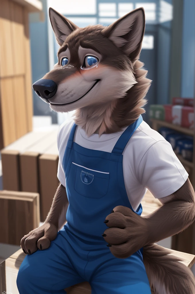 Larry (Zveropolis), wolf, Gray Fur, (brown body:1.3), beautiful blue eyes, Zveropolis, dressed, t-shirt,trousers,apron, canine,wolf, detailed fur, male, second, paw pads, finger claws, viewer, 5 fingers, paws, 4 toes,holds, times, 
BREAK from nextel, for dating, by xenoforge, (difficult, high detail,digital photography, soft focus, RAW, close to the camera, smile, positive, Good, mood, Houses, смотрит на viewer, очень close to the camera, in the shop,is sitting, 
Photorealism, realistic, photorealistic,digital style, Subsurface scattering,очень close to the camera кольцо на пальце руки, tears in my eyes crying, 
masterpiece, Best quality, ultra realistic, 8 thousand.)