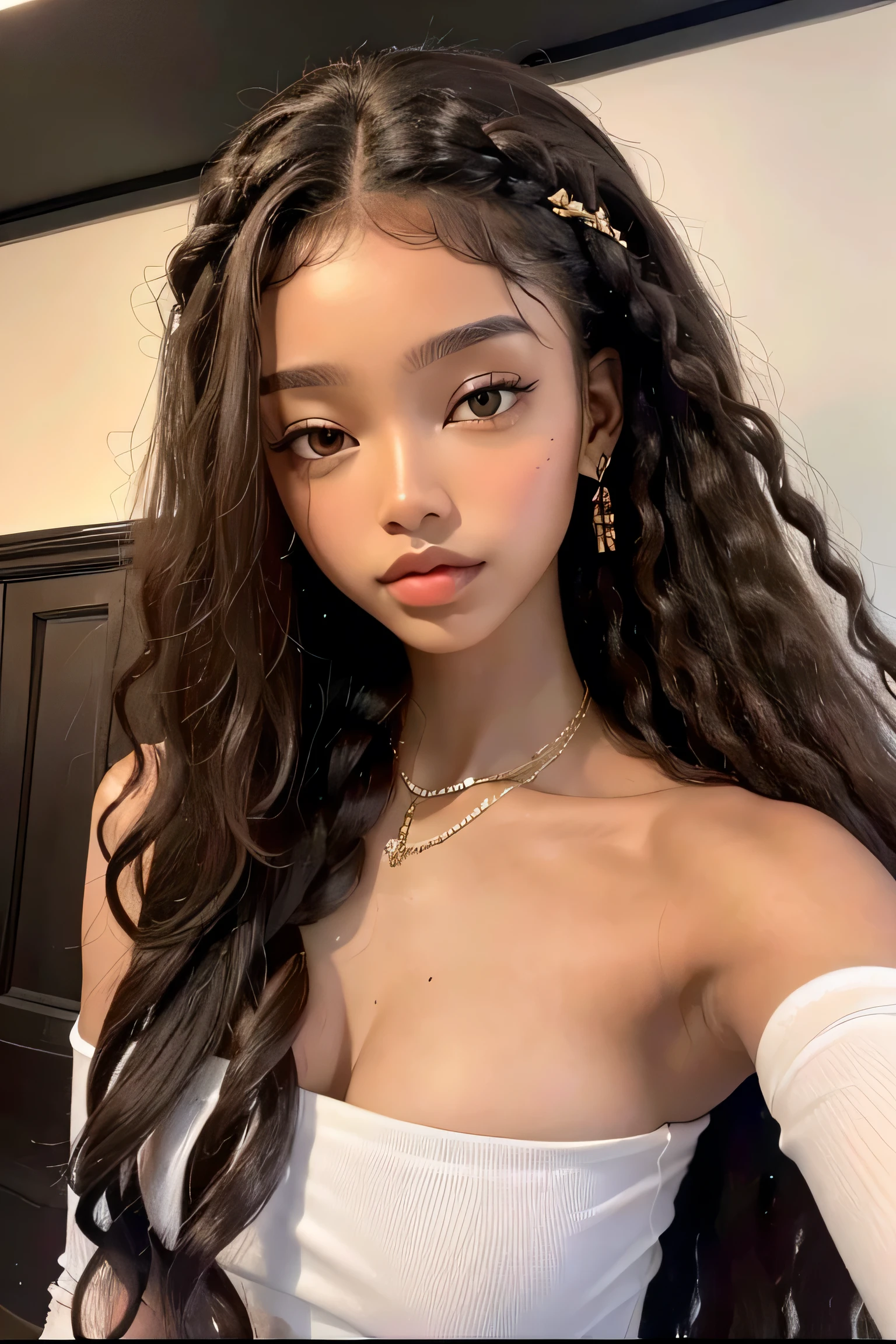 masterpiece, best quality, 1 girl, solo, beautiful African and Asian mixed 19 year old, brown skin female, long, frizzy, curly dark hair, perfect face, long hair