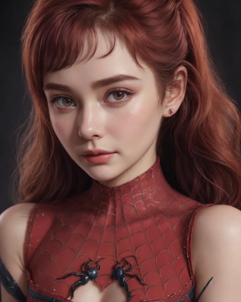 Best Quality,CG game,1 girl, Masterpiece, Best Quality, 8k, detailed skin texture, detailed fabric texture, beautiful detailed face, intricate details, ultra detailed, Audrey Hepburn, Spider-Man uniform, straight red hair, (Half body:1.2)