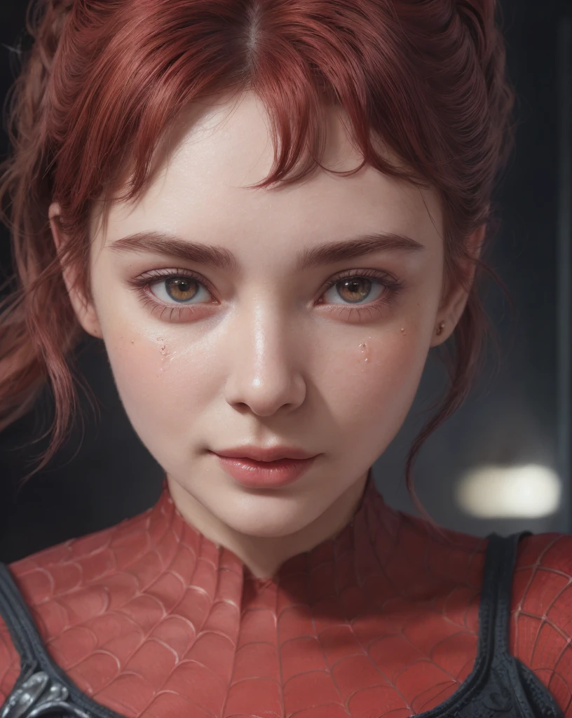 Best Quality,CG game,1 girl, Masterpiece, Best Quality, 8k, detailed skin texture, detailed fabric texture, beautiful detailed face, intricate details, ultra detailed, Audrey Hepburn, Spider-Man uniform, straight red hair, (Half body:1.2)