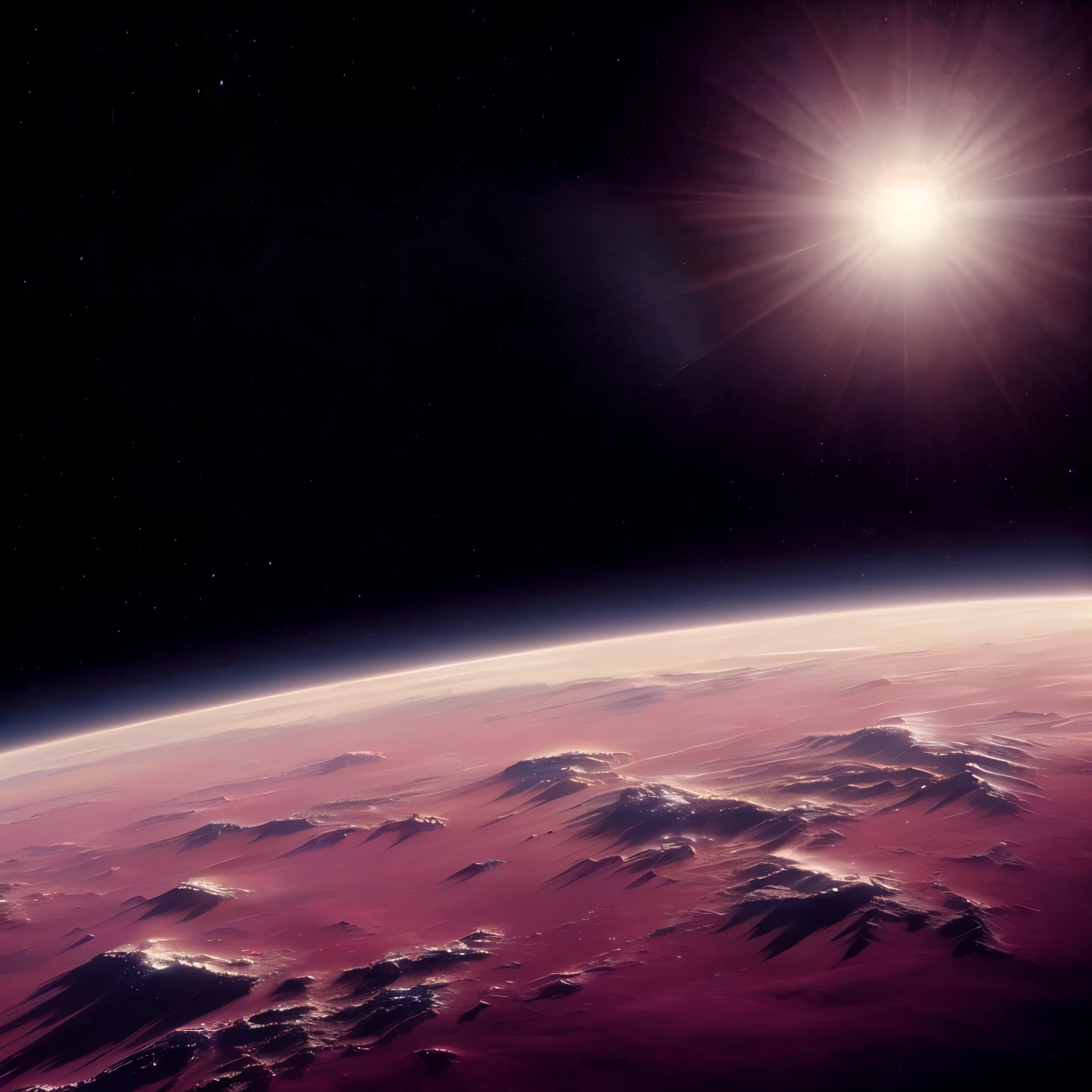 arafed view of a planet with a bright sun in the sky, spaceengine, sunset on mars, space photography, mars setting, space photo, space atmosphere, the planet is warm with canyons, stunning atmosphere, planet surface, alien surface planet, exoplanet landscape, mars landscape, space landscape, highly detailed atmosphere, planet arrakis, beautiful atmosphere