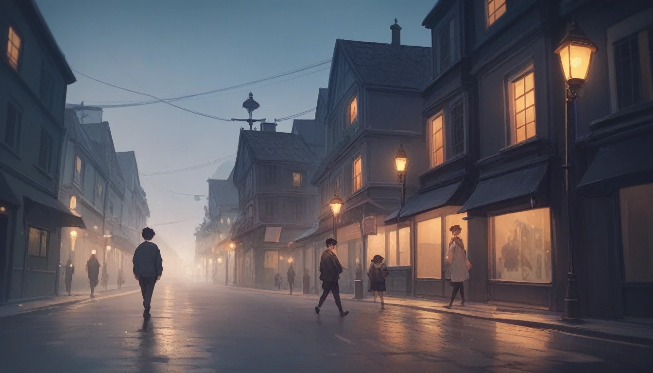 Create a scene, at night, on a dark street inspired by the streets of London, lit only by the yellow light of a distant streetlight. the street tiles are wet and fog hangs in the air. The street is deserted, only two young people stand out in the landscape. A girl wearing white warm clothes and black hair and a boy wearing black warm clothes and blond hair. A cat walking along the wall of one of the houses. (the scene needs to have a noir atmosphere)