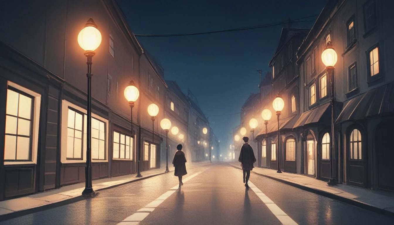 Create a scene, at night, on a dark street inspired by the streets of London, lit only by the yellow light of a distant streetlight. the street tiles are wet and fog hangs in the air. The street is deserted, only two young people stand out in the landscape. A girl wearing white warm clothes and black hair and a boy wearing black warm clothes and blond hair. A cat walking along the wall of one of the houses. (the scene needs to have a noir atmosphere)