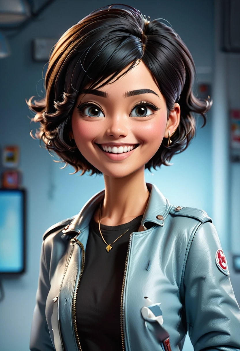 Create cartoonish caricature 3D animation with a big head. a 17 year old Indonesian woman. She has short, black pixie-cut hair. Her face is oval-shaped with smooth lines, thick and neat black eyebrows, normal eyes, a small pointed nose, and thin lips with a wide, friendly smile. She is wearing a light blue leather jacket over a white t-shirt. Gradient blue background with professional lighting. masterpiece, top quality, skin and face very detailed, ultra-realistic, high definition, studio lighting, sharp focus, Concept Art, 3D render. big head please