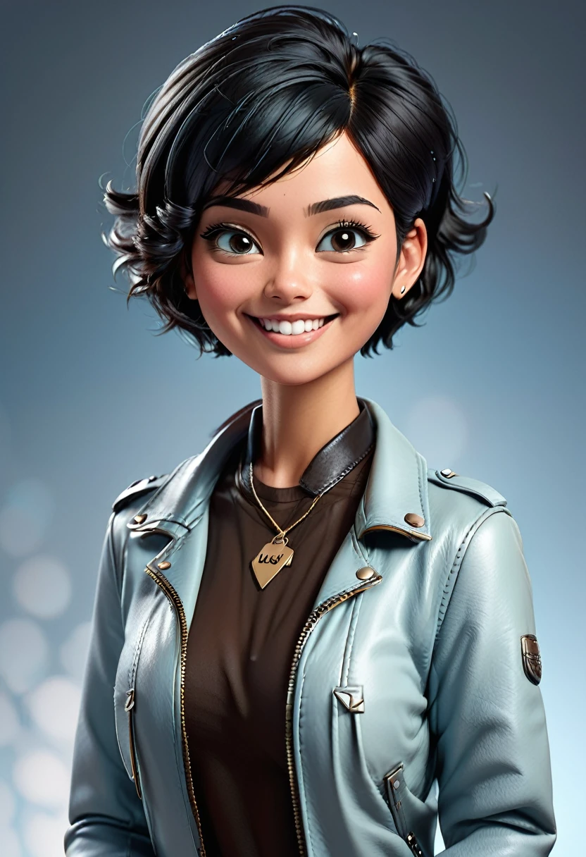 Create cartoonish caricature 3D animation with a big head. a 17 year old Indonesian woman. She has short, black pixie-cut hair. Her face is oval-shaped with smooth lines, thick and neat black eyebrows, normal eyes, a small pointed nose, and thin lips with a wide, friendly smile. She is wearing a light blue leather jacket over a white t-shirt. Gradient blue background with professional lighting. masterpiece, top quality, skin and face very detailed, ultra-realistic, high definition, studio lighting, sharp focus, Concept Art, 3D render. big head please