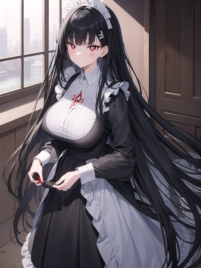 Rivertsukatsuki, River, black hair, (red eyes:1.5), hair ornament, hairclip, Halation, long hair,
、Extremely large breasts(4700)、 Huge 、Two people、lace breast bag、Maid clothes、A girl with long black hair and long grey hair