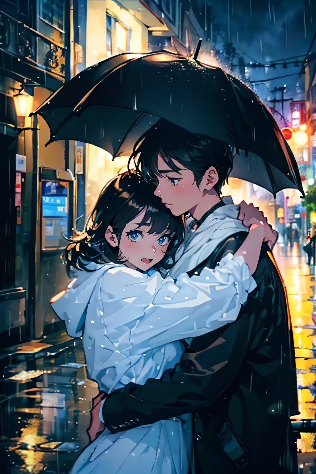 1girl and 1boy,upper body,at night,rainy,wet in rain,hug,bright background,water splashes,in town