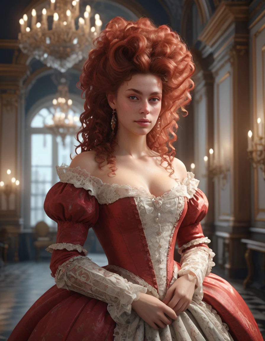 "beautiful rococo princess", elaborate gown, massive curly red rococo hair, head and shoulders portrait, finely drawn eyes, 8k resolution concept art portrait dynamic lighting hyperdetailed intricately detailed splash art trending on artstation unreal engine 5 volumetric lighting