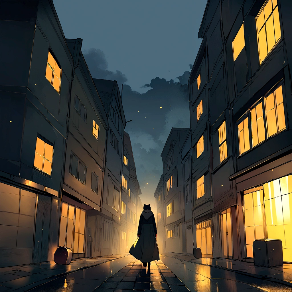 Create a scene, at night, on a dark street inspired by the streets of London, lit only by the yellow light of a distant streetlight. the street tiles are wet and fog hangs in the air. The street is deserted, only one man stands out in the landscape. A man wears white warm clothes and black hair. A walking cat on the wall of one of the houses. (the scene needs to have a noir atmosphere)