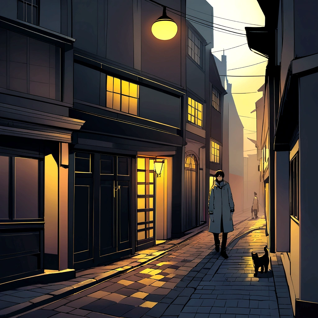 Create a scene, at night, on a dark street inspired by the streets of London, lit only by the yellow light of a distant streetlight. the street tiles are wet and fog hangs in the air. The street is deserted, only one man stands out in the landscape. A man wears white warm clothes and black hair. A walking cat on the wall of one of the houses. (the scene needs to have a noir atmosphere)