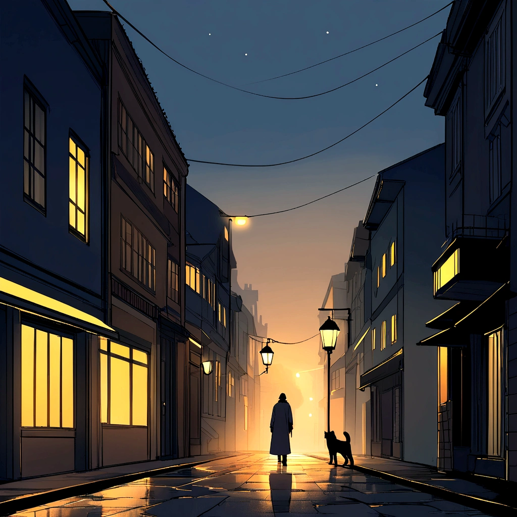 Create a scene, at night, on a dark street inspired by the streets of London, lit only by the yellow light of a distant streetlight. the street tiles are wet and fog hangs in the air. The street is deserted, only one man stands out in the landscape. A man wears white warm clothes and black hair. A walking cat on the wall of one of the houses. (the scene needs to have a noir atmosphere)