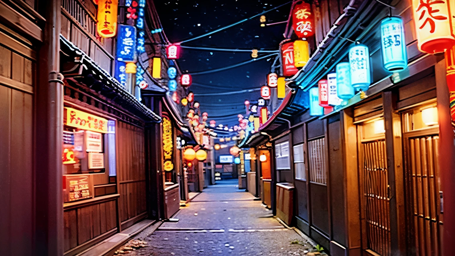 An alley illuminated by neon lights in Tokyo, with traditional stores, Japanese signs and hanging lanterns. anime style.