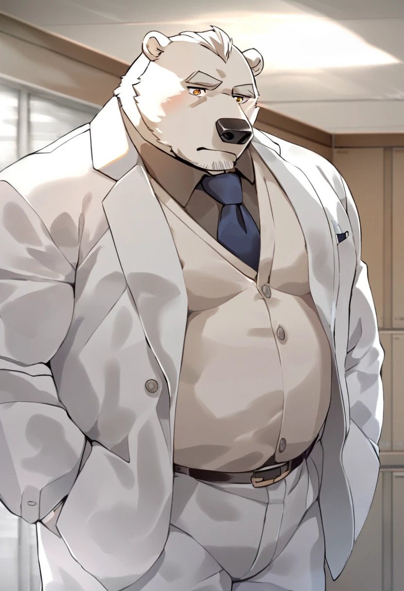 polar bear，personification，Mature male，Strong Man，White hair，naked，Cold expression，Golden pupils，Gray eyebrows，White suit suit，Hands in pockets，The Age of Steam，Hospital Office。