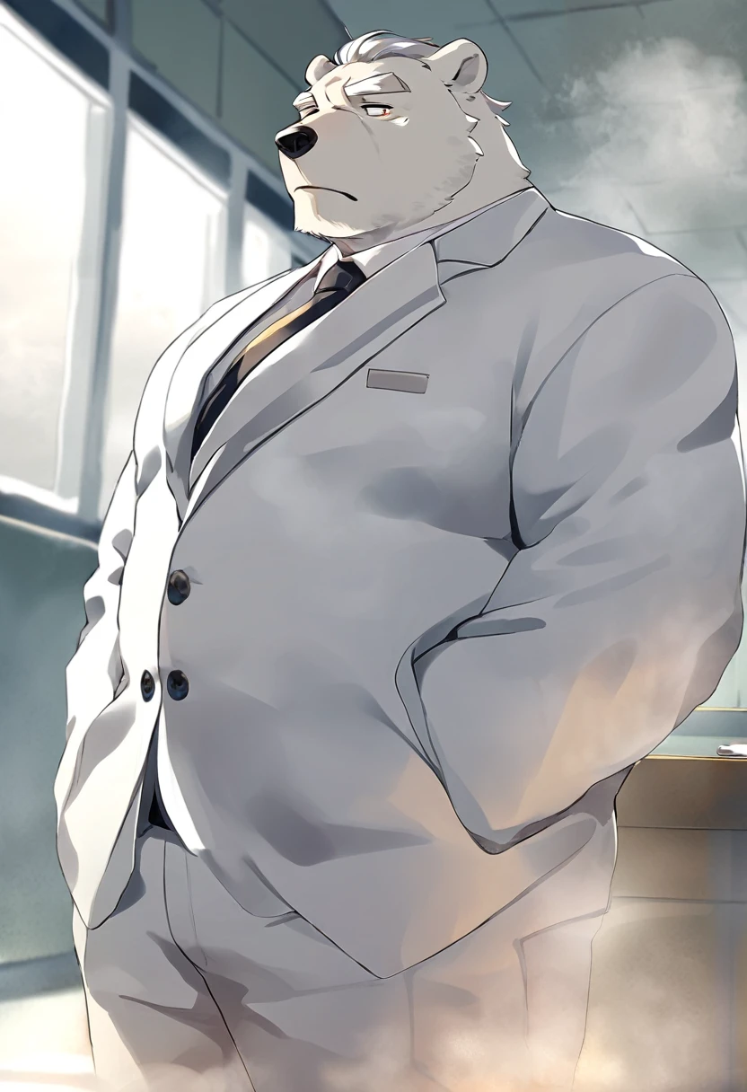 polar bear，personification，Mature male，Strong Man，White hair，naked，Cold expression，Golden pupils，Gray eyebrows，White suit suit，Hands in pockets，The Age of Steam，Hospital Office。