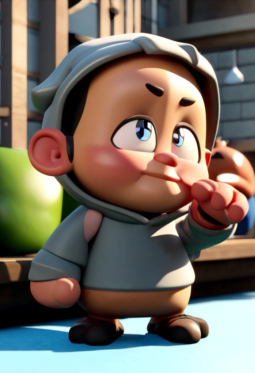 Cartoon character of a dark muscular man in a gray sweatshirt with hood animation character, stylized character, animation style rendering, 3d stylized, Arnold Maya rendering, Stylized 3D rendering, toon render screenshot, 3d character, 3d character, Stylized 3D rendering, 3D character rendering, cartoon character, Personagem de close up, character posing, (Pixar-style) (master part:1.2) (bokeh) (best qualityer) (skin detailed) (detailed texture) (8K) (Argilla) (cinematic lighting) (sharp focus