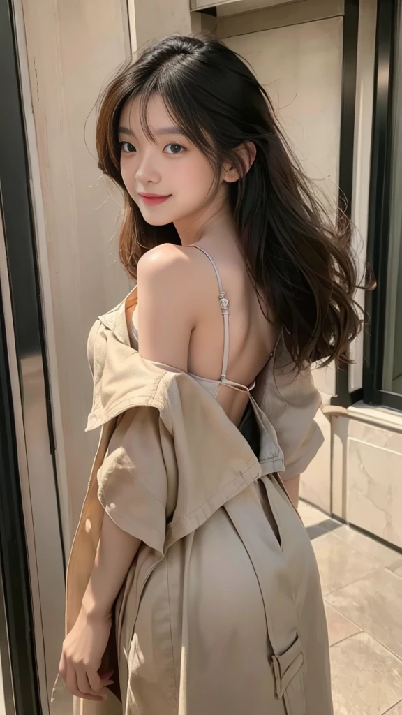highest quality、4K、Perfect Face、Perfect Style、Sunburn、beautiful、stylish appeal、Mature、long layer curly hair、Swept-back hair、in paris 、full body, giddy smile、havin a rose bouquet 、hoop pierce、trench coat、backless, show more skin, wear halter neck and panty inside the coat