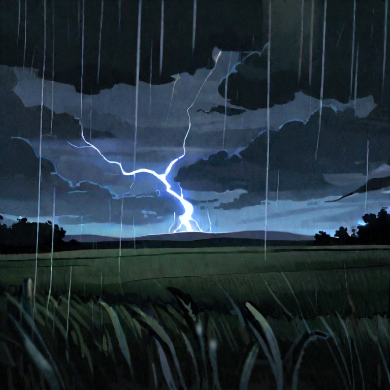 A small alone in the middle of a field when it is raining and full of lightning