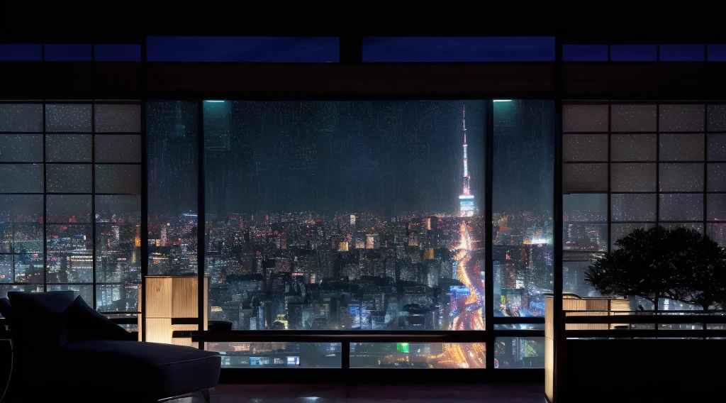 arafed view of a city at night from a window, set in tokyo rooftop, tokyo anime scene, heavy rainning at tokyo night, tokyo background, on future tokyo night rooftop, japan at night, tokyo in the background, on rooftop tokyo night, tokyo futuristic and clean, tokyo japan, neo tokyo background, japanese city at night, tokyo futuristic in background, reality photographic quality, masterpiece,