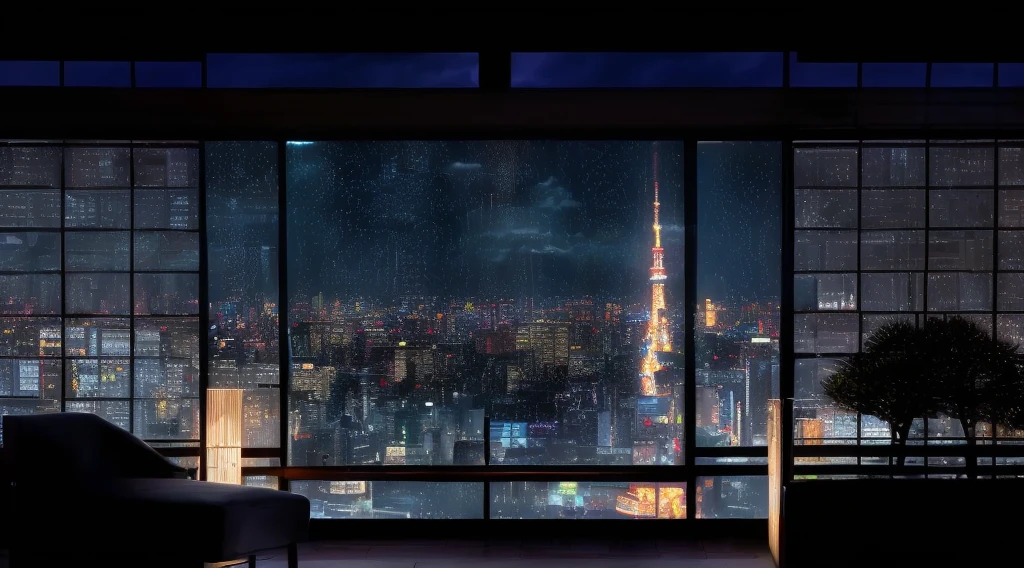 arafed view of a city at night from a window, set in tokyo rooftop, tokyo anime scene, heavy rainning at tokyo night, tokyo background, on future tokyo night rooftop, japan at night, tokyo in the background, on rooftop tokyo night, tokyo futuristic and clean, tokyo japan, neo tokyo background, japanese city at night, tokyo futuristic in background, reality photographic quality, masterpiece,