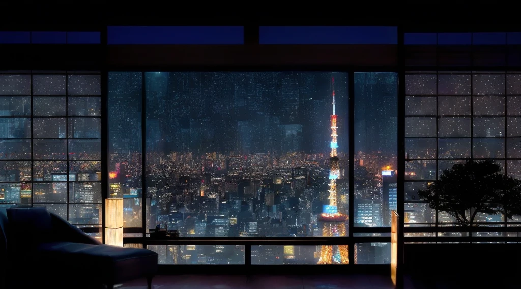 arafed view of a city at night from a window, set in tokyo rooftop, tokyo anime scene, heavy rainning at tokyo night, tokyo background, on future tokyo night rooftop, japan at night, tokyo in the background, on rooftop tokyo night, tokyo futuristic and clean, tokyo japan, neo tokyo background, japanese city at night, tokyo futuristic in background, reality photographic quality, masterpiece,