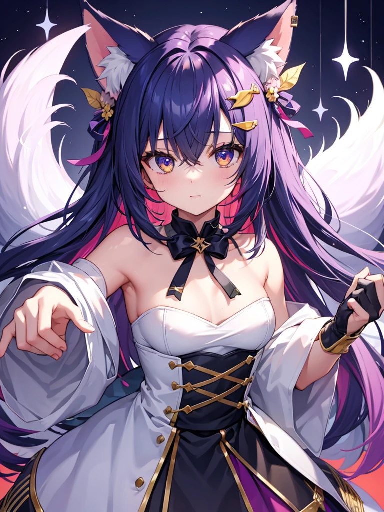 fox girl, big breasts, purple hair, masterpiece , red eyes, hd, Head to Chest, buried in my chest、underboob