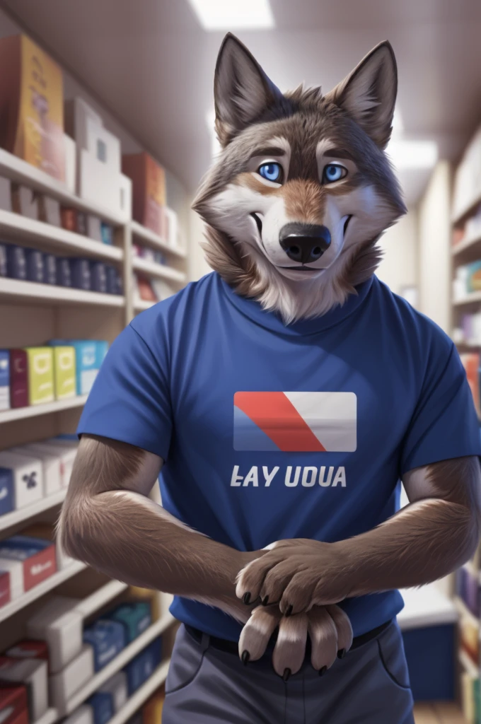 Larry (Zveropolis), wolf, Gray Fur, (brown body:1.3), beautiful blue eyes, Zveropolis, dressed, t-shirt,trousers,apron, canine,wolf, detailed fur, male, second, paw pads, finger claws, viewer, 5 fingers, paws, 4 toes,holds, times, 
BREAK from nextel, for dating, by xenoforge, (difficult, high detail,digital photography, soft focus, RAW, close to the camera, smile, positive, Good, mood, Houses, смотрит на viewer, очень close to the camera, in the shop, buys layouts, 
Photorealism, realistic, photorealistic,digital style, Subsurface scattering,очень close to the camera кольцо на пальце руки,
masterpiece, Best quality, ultra realistic, 8 thousand.)