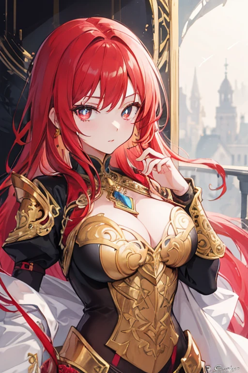Create an image of a beautiful woman wearing ornate armor made of gold, she has beautiful red hair, and golden vertical pupils, anime styling