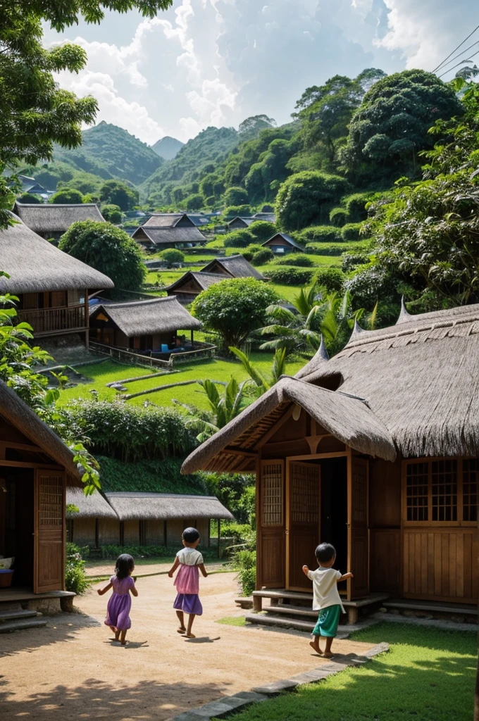 Visual Prompt:
"A peaceful village with thatched-roof houses, surrounded by lush greenery. Kyaw and Mei are seen smiling and playing with other children."

Template:

Background: A village with thatched-roof houses and lush greenery.
Foreground: Kyaw and Mei smiling and playing with other children.
Colors and Mood: Warm and inviting colors creating a joyful atmosphere.
Lighting: Soft morning light with gentle shadows.