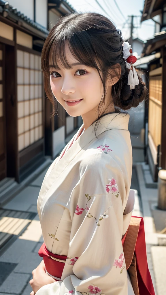professional lighting,(Photoreal:1.4), (Top image quality:1.0), (超A high resolution:1.0), 8K, Raw photography, (masterpiece:0.2), (Face the children_v1:0.5)、(highest quality Detail:1.2)、realistic、8K UHD、High resolution、(1 girl:1.2)、Super detailed、High quality textures、intricate details、detailed、Very detailed CG、High quality shadows、detailed Beautiful and delicate face、Beautiful details and delicate eyes、(symmetrical eyes:1.2),Depth of the bounds written、ray tracing,1 girl, japanese girl, (natural smile:1.4),cute, thin, Portrait of a beautiful Japanese woman wearing a kimono, Standing elegantly on a street corner in Kyoto. A kimono with bright traditional patterns, Hair decorated with an elegant and delicate hairpin, and a gentle expression. (Against the backdrop of the old streets of Kyoto:1.4)、soft light on a spring afternoon、adds tranquility to the scene. Rendered in a realistic style with great attention to detail, High resolution images.sky porn, magic hour, (realistic:1.3), finely, quality, (table top:1.2), (realistic:1.2), (highest quality), (Complex details), dramatic, ray tracing, photograph, +roller
