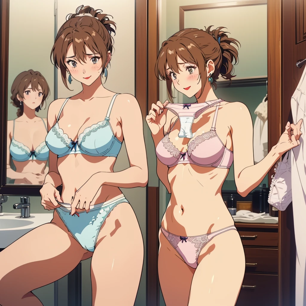masterpiece, top quality, ultra detailed, ((((AIKA_SUMERAGI, folded ponytail, best anatomy, in underwear, (panties, elaborately designed luxury panties for adults, panties high definition images, draw panties with super precision), lace trimmed bra, extremely detailed texture, earrings, red lip, embarrassed, blush, smile)))), cowboy shot, (((underwear in dressing room))), white skin, (presenting panties)